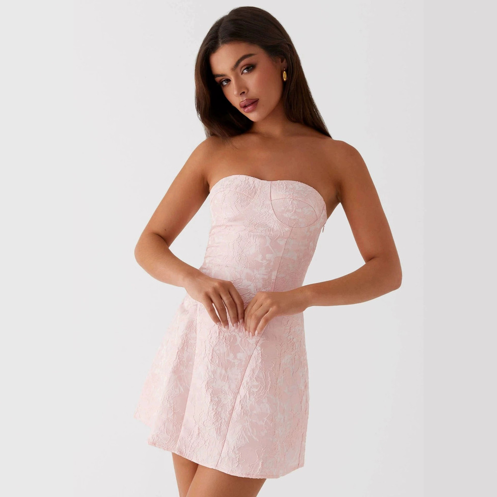 Zara Pink Jacquard Strapless Mini Dress Lined Slim Fit